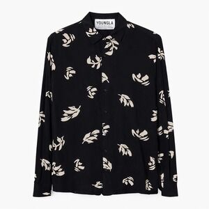 YoungLA Shirt Mens Medium Floral Black Cream Leaf Print 804 Long Sleeve Viscose